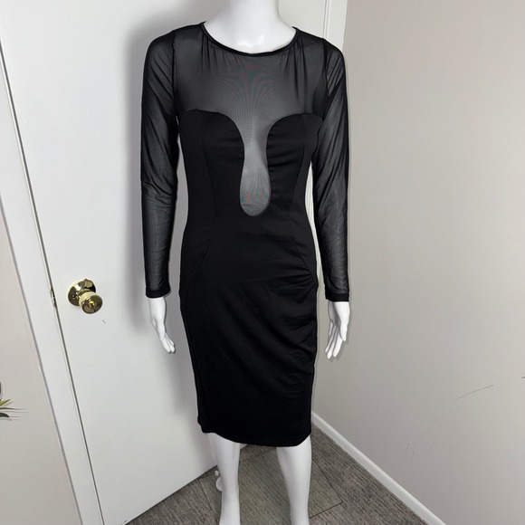 Commense Black Sheer Mesh Long Sleeve Bodycon Midi‎ Dress Cut Out Party Size M - Picture 3 of 17